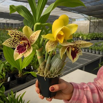 Realistic Cymbidium Orchid in Pot Held by Hand &ndash; Natural Greenhouse Setting