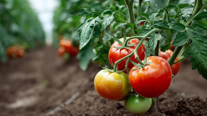 Bunch of tomatoes are growing on a plant. The tomatoes are red and green. The plant is in a field
