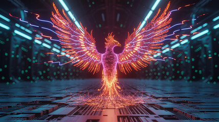 Digital Phoenix: A radiant phoenix, crafted from vibrant lines of digital light, takes flight, soaring through a futuristic, data-driven realm, with neon glows and a cutting-edge cybernetic aesthetic.