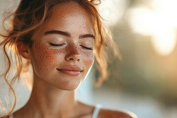 Young woman with freckles on her face, enjoying a peaceful moment, Generative AI