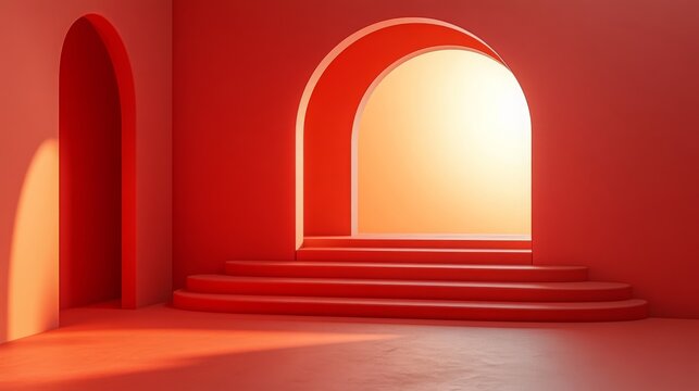 A striking red interior features multiple arches and illuminated steps, ideal for design portfolios, event backdrops, or conceptual blog posts.

