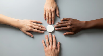 Diverse hands reaching towards the center, symbolizing unity, cooperation, and human diversity.