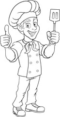 A chef, baker or barbecue cook man giving a thumbs up and holding a BBQ or cooking spatula mascot character illustration