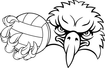 An eagle or hawk bird volleyball animal sports mascot holding a volley ball in his claw