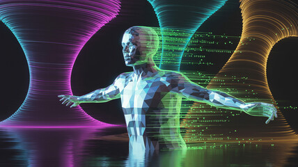 Cybernetic Art: A striking image of a futuristic humanoid figure surrounded by colorful, abstract energy forms, representing the evolution of technology and human potential.