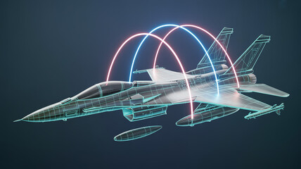 Future Aviation: A modern jet fighter, rendered in striking wireframe detail, is overlaid with vibrant neon arcs representing advanced communication and guidance systems, set against a stark backdrop.