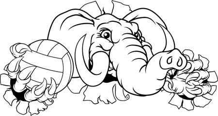 An elephant volleyball animal sports mascot holding a volley ball in his claw