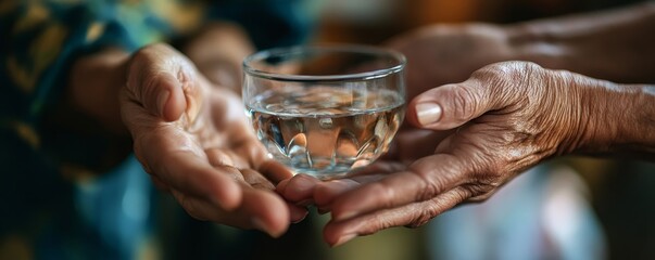 Healthcare Harmony: A close-up of hands holding medication and a water glass, representing pharmaceutical treatment and mental health support, Generative AI
