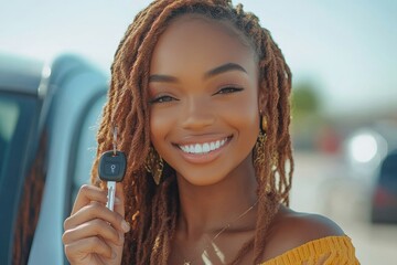 Close-up of a woman holding a new car key, radiating confidence and a sense of accomplishment, Generative AI