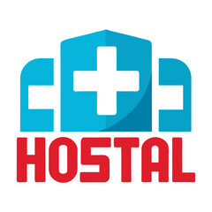 Fototapeta premium Blue hospital building with white cross and red text medical healthcare