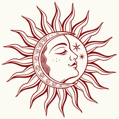 Celestial sun and moon face with stars and rays vector