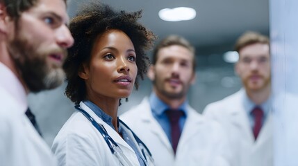 Doctors gathered around a digital whiteboard in a hospital conference room