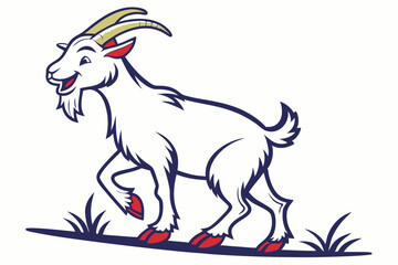 Smiling goat cartoon character strides confidently across a grassy plane with golden horns