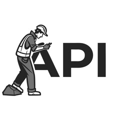 Construction worker interacting with A P I text hard hat safety vest