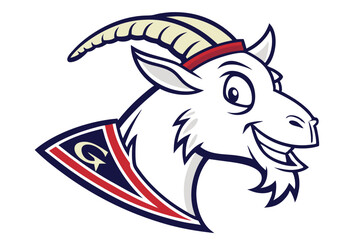 Smiling cartoon goat sports a red headband and navy blue lettered shield