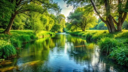 Naklejka premium Gentle water flow amidst lush greenery and serene surroundings