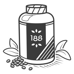 Dark gray bottle with white label and scattered pills medicine supplement