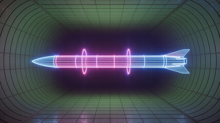 Neon Rocket in Futuristic Tunnel: A neon-lit rocket, radiating vibrant colors, is suspended in a futuristic tunnel, showcasing the marvels of technology and innovation with a modern edge.