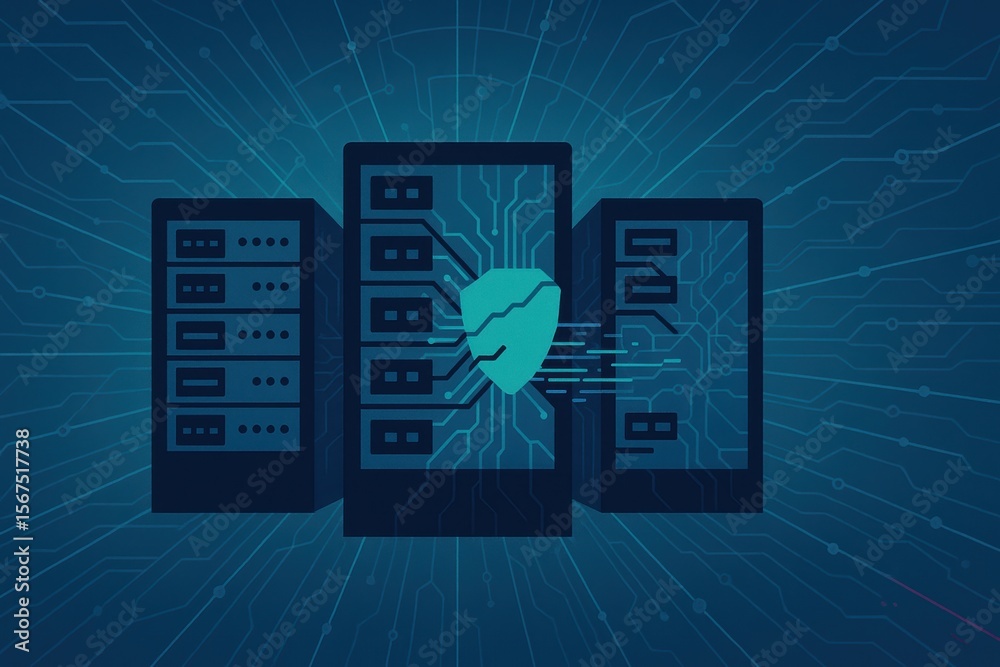 Aufkleber digital security concept with server racks and shield icon on background featuring circuit patterns