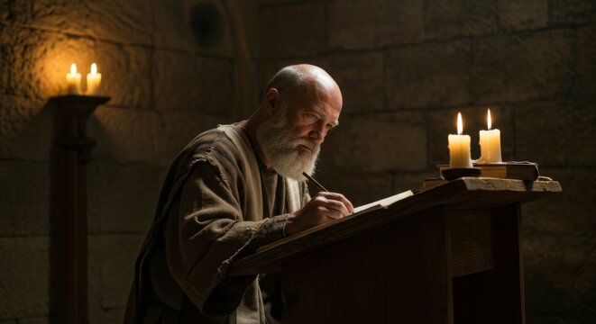 A wise, old man with a long white beard, diligently writing on a book in a dimly lit room with candles