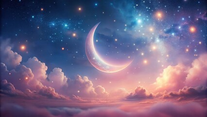 ethereal soft pink crescent moon glowing orbs shimmering dreamy night sky celestial scene with gentle glow