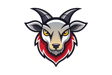 Fierce goat head stares intensely with sharp golden eyes on a white backdrop