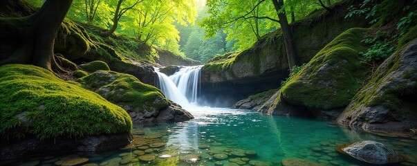 Serene Waterfall Cascading over Mossy Rocks in Lush Green Forest Magical Sunlight Dappled Beauty