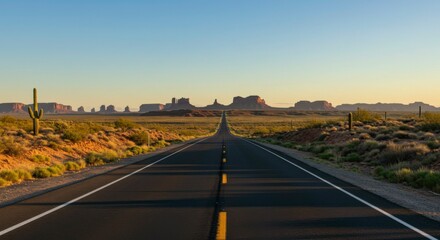 Obraz premium Scenic desert highway stretching towards distant mesas under a clear, sunrise sky