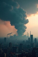 Ominous Smog-Choked Cityscape Dramatic Clouds Loom Over Polluted Metropolis