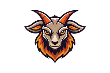 Fierce goat head is depicted with striking orange horns on white backdrop