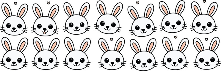 Cute cartoon bunny faces pattern, kawaii rabbit heads with hearts, seamless background, Easter theme, white backdrop, vector illustration design flat vector illustration