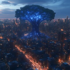 Fototapeta premium Illuminated tree dominates a city at night.
