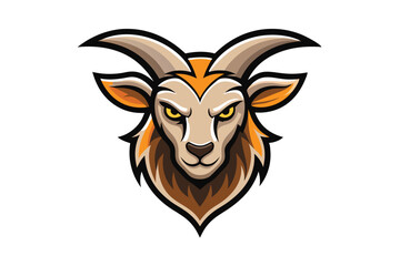 Focused goat head with large curved horns stares intently ahead against a white backdrop