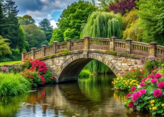Fototapeta premium Old stone bridge with worn wooden railings and a serene river below