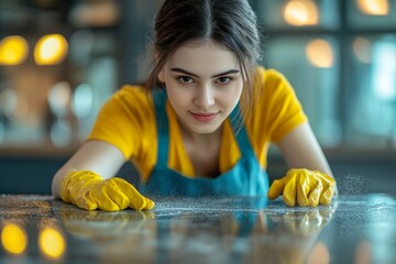 Happy female housekeeper service worker cleaning a table surface with a cleaner product, removing dust and dirt, Generative AI