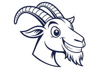Smiling cartoon goat head with defined line art features prominent curved horns