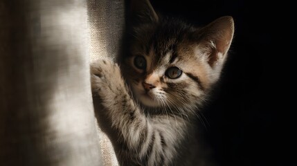 Mischievous kitten climbing curtains in living room