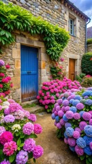 Naklejka premium Vibrant hortensia flowers blooming in a Breton garden amidst stone walls and rustic doors
