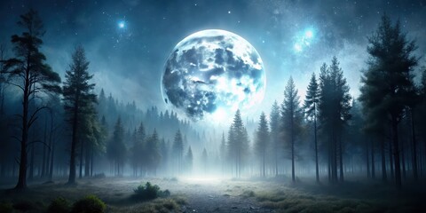Fototapeta premium Silvery light illuminates the forest landscape under a full moon night