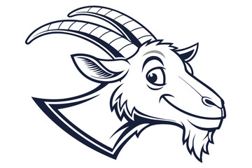 Happy goat head features large horns and a friendly smile in monochrome tones