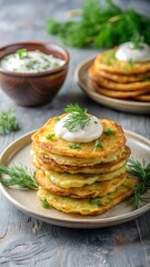 Potato pancakes with sour cream and dill on a plate