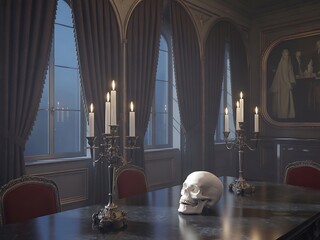 Eerie Elegance: A Nighttime Scene in a Grand Victorian Dining Room with Lit Candelabras and Skull Halloween Concept