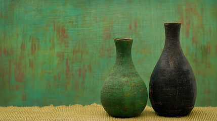 Two Textured Vases Against a Green and Brown Abstract Background