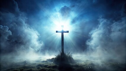 Naklejka premium Mysterious Cross Silhouette in Foggy Night Sky