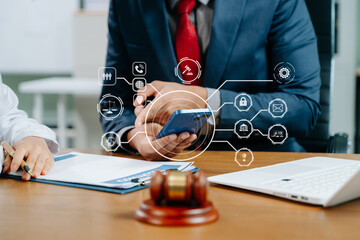 Modern legal tech consultation concept with smartphone interface, gavel and scales icons overlay, highlighting digital law, finance