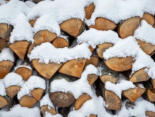 Stacked pile of firewood covered in snow.