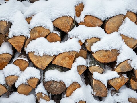 Stacked pile of firewood covered in snow.