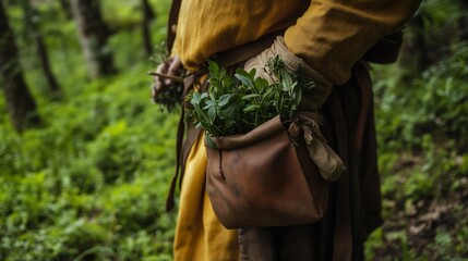 A man in traditional attire holds a pouch filled with fresh herbs in a lush green forest.