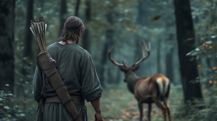 A contemplative man in forest attire observes a majestic deer in a serene woodland setting.