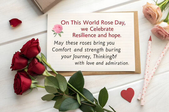 A heartfelt message for World Rose Day celebrating resilience and hope. Flat lay with red roses, a heart, and pencils on a white wood background generative ai - Powered by Adobe